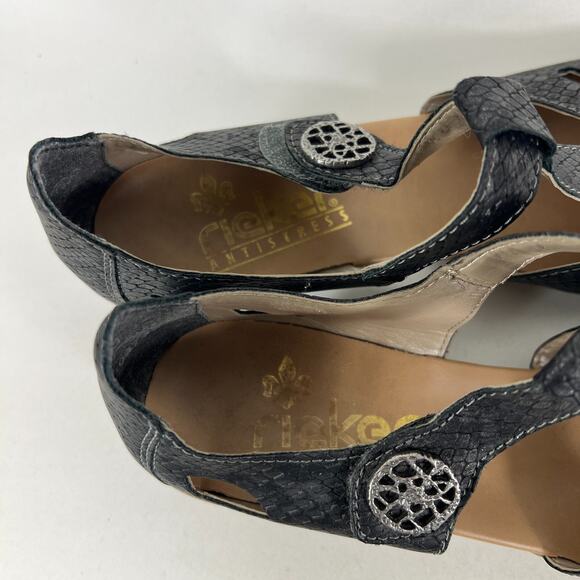Rieker Mirjam 50 Pumps Women 8.5 Black Snakeskin Leather Hook & Loop Block Heel - Picture 9 of 10